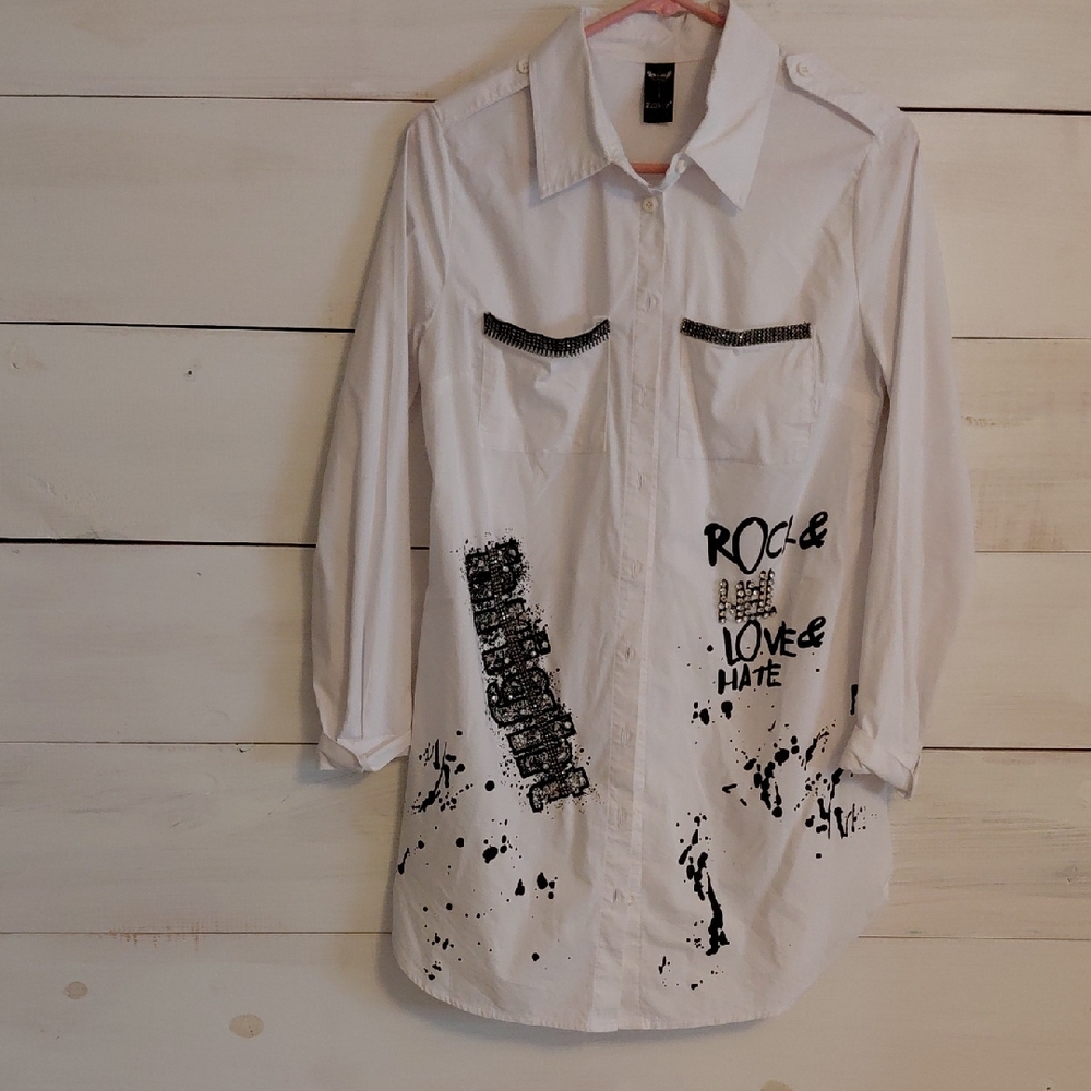 ZARGA White Graphic Button-Up Shirt M/L